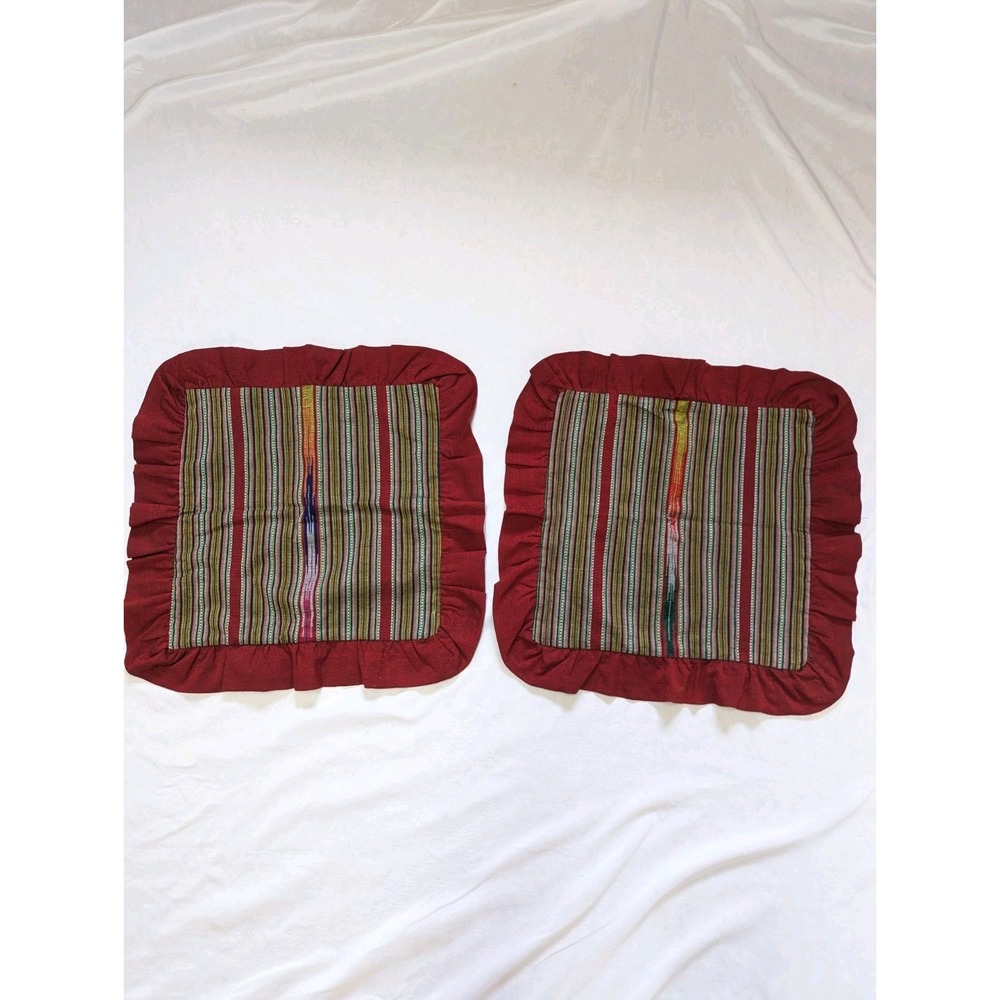 Boho Rainbow Striped Decorative Throw Pillow Covers Red Ruffle Trim 14" X 14"